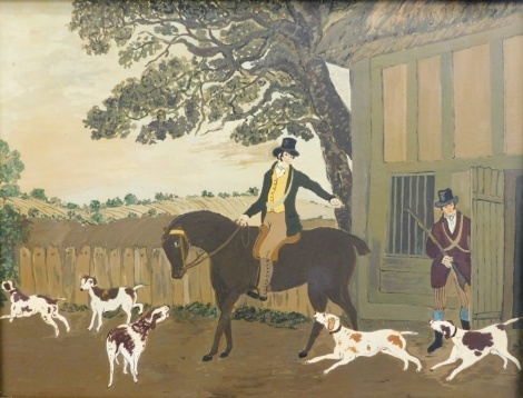 Manner of Haddelsey. Figure on horseback with hounds, aside figure holding rifle, oil on board, unsigned, 24cm x 32cm.