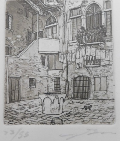 20thC School. Courtyard interior, block print, indistinctly signed and numbered, 9cm x 8cm, various other prints, pictures, frames, after Roberts, Hebron, March 18th 1839, print, various others, Indian School material print, bullion work, etc. (a quantity