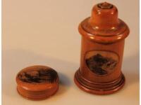 A Mauchlin ware needle case and a small patch box decorated with a view of Castle Cornet