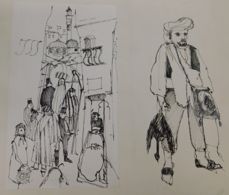 20thC School. Greece, Turkey, Afghanistan sketch book, various figures, pen and ink drawings, 22cm x 18cm, etc. (a quantity, 1 album)