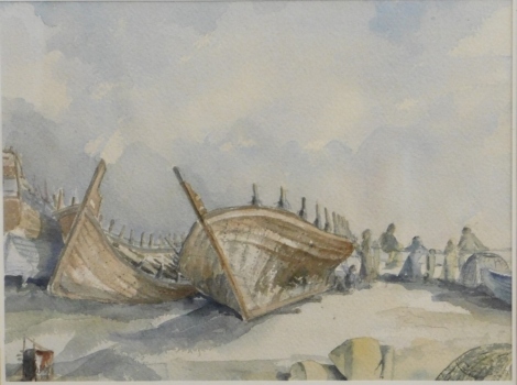 John Withycombe (20thC). Racing Dhows Ashore Doha Qatar Arabic Gulf, May 1979, watercolour, signed and dated 1979, 25cm x 32cm. Typed label verso.