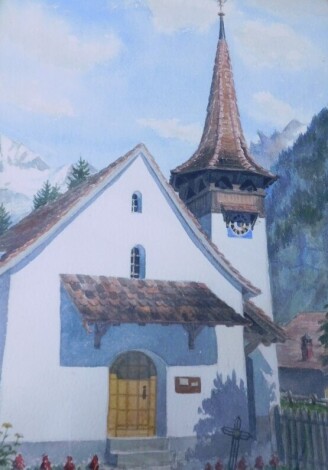 Joan Russell (20thC). European scene, church before mountains, watercolour, signed, 38cm x 27cm, various other bookplates, prints, pictures, etc. (a quantity)