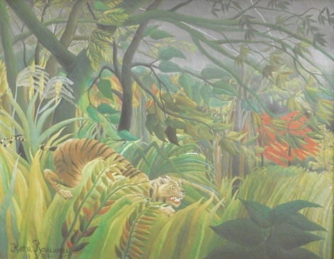 After Rousseau. Jungle landscape, creeping tiger, print, 48cm x 59cm.