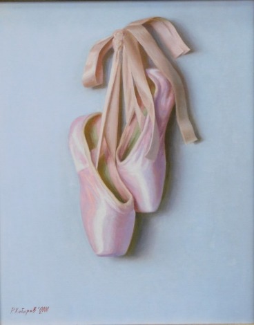 •Rashit Habirov (b.1953). Ballerina slippers, oil on board, signed and dated 2000 49cm x 42cm. Canvas panel and Fast Frame labels verso.