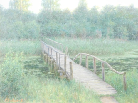 •Rashit Habirov (b.1953). Calm waters with bridge, with trees in the distance, oil on board, signed, 40cm x 52cm.