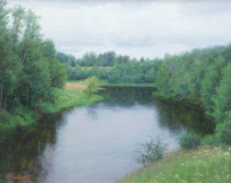 •Rashit Habirov (b.1953). Calm river landscape, oil on board, signed, 40cm x 50cm.