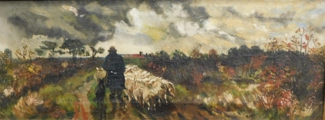 M. G. H. (19thC English School). Figure and sheep on a path, before buildings, oil on canvas, initialled and dated 1908, 17cm x 45cm.