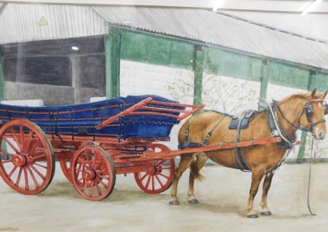 Ann Merryweather (20thC). Colony Zephyr pulling a Suffolk wagon at Hollesley Bay Suffolk, watercolour, signed, 23cm x 41cm.