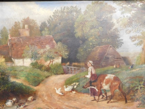 20thC English School. Figure of a girl leading calf on a path before cottage, with ducks, oil on canvas, unsigned, 32cm x 42cm.