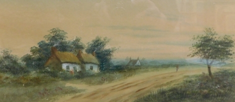 F. Lawrence (19thC). Figure on a path aside tree and cottage, watercolour, signed, 22cm x 48cm.