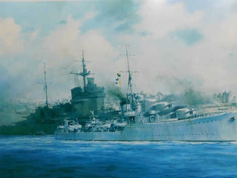 •Robert Taylor (b.1951). HMS Kelly, artist signed limited edition print number 401/2000, with Lord Mountbatten signature, 46cm x 77cm.