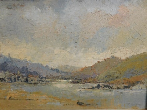 R Goldie (?) (20thC). River before mountains on a summer's day, oil on canvas, indistinctly signed, 24cm x 33cm.