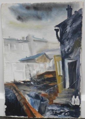 •Willy Tirr (1915-1991). Back street scene, clouds gathering, watercolour, 57cm x 40cm. Numbered verso.