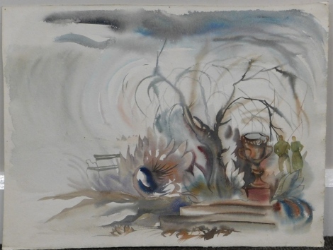 •Willy Tirr (1915-1991). Mystical scene, watercolour, unsigned, 40cm x 52cm.