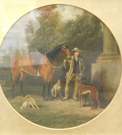 19thC English School. Lurcher and terriers before figure aside bay horse in a landscape, oil, circular, indistinctly signed, 36cm x 33cm.