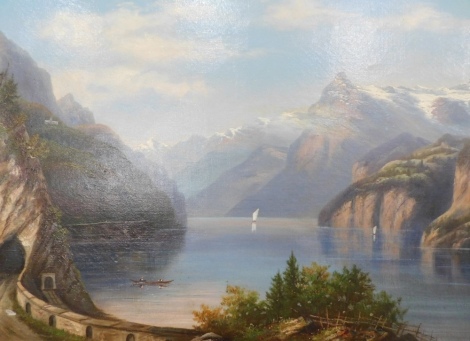 Hippolyte Roux (1852-?). Alpine landscape, oil on canvas, signed, 41cm x 61cm, and two others similar. (3)