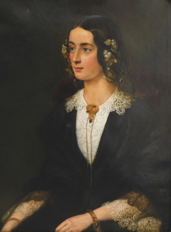 19thC English School, Portrait of a lady, in Victorian mourning dress, oil on canvas, 94cm x 63cm.