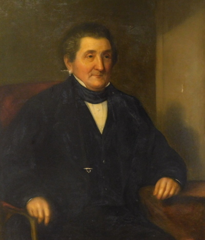 19thC English School. Portrait of John Robinson Esq, in a seated pose, oil on canvas, , 120cm x 84cm (AF). Plaque to mount inscribed John Robinson Esq, Director of the Knaresboro' & Claro Banking Co, presented by the shareholders, April 1860