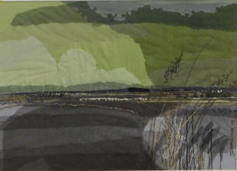 Jill Marschmer (20thC). Landscape, collage signed and dated (19)72 36cm x 49cm and tree and washing line watercolour. (2)