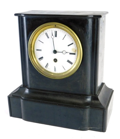 A 19thC slate mantel clock, with 15cm diameter Roman numeric dial, in shaped case, striking on the hour, 31cm high.