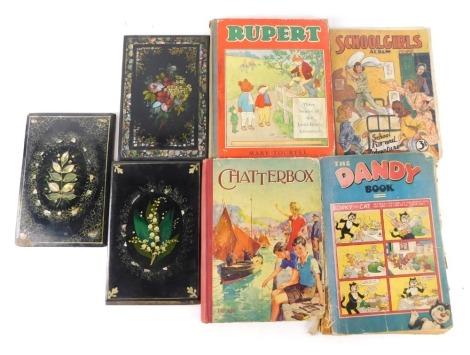 Three Victorian papier mache blotters, one decorated with flowers, 23cm x 15cm, etc., and a quantity of Schoolgirls albums 1946, Chatterbox, Rupert, Marks and Spencer Three Stories of the Little Bears Adventures, The Dandy book with Korky The Cat, Front, 