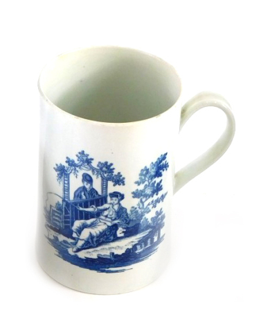 An 18thC Worcester porcelain Le Peche and La Promenade Chinoise pattern cylindrical mug, circa 1775, crescent mark beneath, 16cm high.