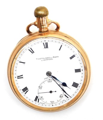 A George V 9ct gold cased pocket watch, open faced, keyless wind, circular white enamel dial marked Thos Russell and Son, Liverpool, the dial with Roman numerals, subsidiary seconds dial, the case of plain form, gold cuvette, movement signed Thomas Russel