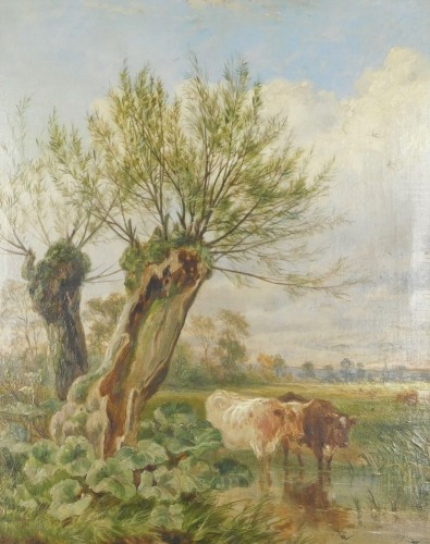 Baldock (19thC School). Cattle watering beside trees, oil on board, signed, inscribed verso 'Presented to Mrs Groves of Cropwell Bishop by Mrs Baldock and her son Chas E.M. Baldock March 1898,' bears further paper label 'this was the last picture that Cha