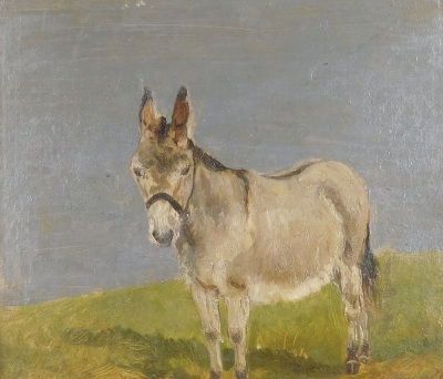 Attributed to Charles E. M. Baldock (1876-1941). Study of a donkey, oil on board, paper label verso 'this picture was the first oil painting produced by Charles E. Baldock; he was 7 years old at the time,' 14.5cm x 16cm.