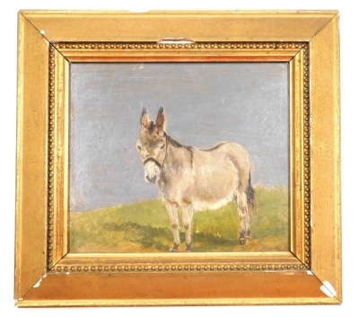 Attributed to Charles E. M. Baldock (1876-1941). Study of a donkey, oil on board, paper label verso 'this picture was the first oil painting produced by Charles E. Baldock; he was 7 years old at the time,' 14.5cm x 16cm. - 2