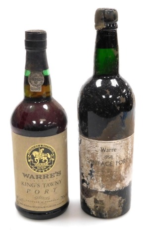 Two bottles of vintage Warre Port, comprising 1958 vintage port, and Warre's King's Tawny port, undated.