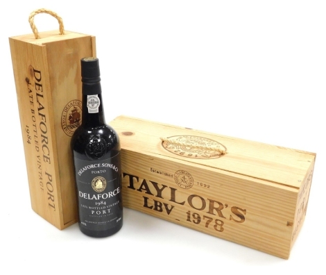 Two bottles of vintage port, comprising a bottle of Taylor's Port Magnum LBV 1978, in original unopened case, and a bottle of Delaforce Sons and Ca 1984 LBV, bottled in 1990, in case.