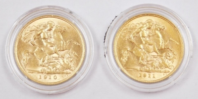 An Edward VII and George V gold half sovereign coin set, dated 1910 and 1911, each 4g, in a fitted box with outer packaging. - 2