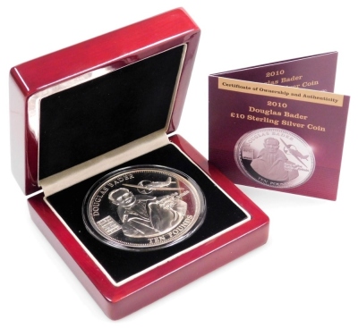 A London Mint commemorative 2010 Douglas Bader ten pound silver proof coin, 5oz, in fitted box with outer packaging.