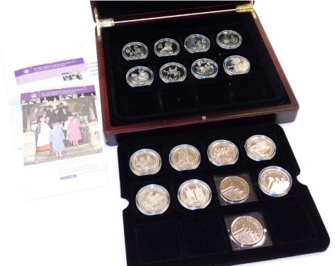 A group of silver crowns, to commemorate the 80th Birthday of Her Majesty Queen Elizabeth II, Virgin Islands silver proof ten dollar coins and South Georgia and South Sandwich Islands two pound coins, boxed. (17)