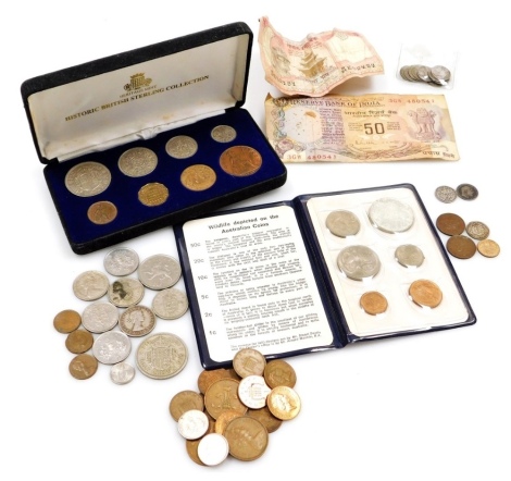 A Heritage Mint Sterling Collection of coins, half crown to penny, in case, Edward VII third farthing, small assortment of silver 3ds, and other assorted British pre-decimal coinage and later, two Indian banknotes, etc.