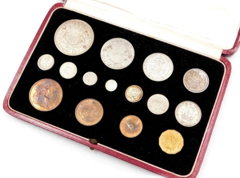 A George VI specimen Coronation coin set for 1937, including Maundy money, in a red Morocco leather case.