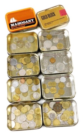 A collection of foreign coinage, including France, Portugal, Germany, Spain, Italy, Hong Kong, etc., contained in a tobacco tin.