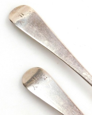 A pair of George III silver Old English pattern serving spoons, initial engraved, Thomas Wallis II, London 1797, 3.65oz. - 2