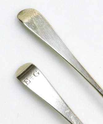 Two Georgian silver Old English pattern serving spoons, initial engraved, hallmarks rubbed, unmatched, 3.75oz. - 2