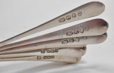 A set of five George V silver Old English pattern coffee spoons, Sheffield 1912, together with a set of three Georgian silver Old English pattern teaspoons, 2.82oz. - 2