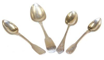 A group of silver spoons, to include a Victorian silver spoon, the handle decorated with a monogrammed cartouche, flowers, swags, etc., Sheffield 1893, etc., 3.75oz.