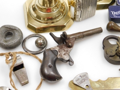 A group of collectables, to include iron keys, an Acme Guide whistle, furniture handles, brass lock, brass candlesticks, further keys, etc. (1 tray) NB. Imaged pistol not included. - 3