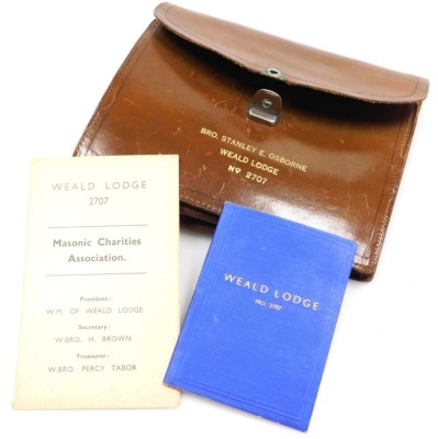 A group of Masonic related items, attributed to different lodges, to include a leather document case embossed in gilt 'Bro. Stanley E. Osbourne, Weald Lodge, no. 2707,' Lincolnshire cloth badge, further cloth badges, jewels named to Bro. D. Cutts, Bro. F. - 14