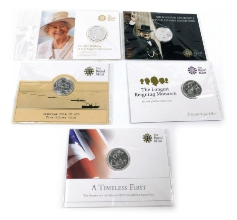 A group of five Royal Mint £20 fine silver coins, comprising A Timeless First, George and the Dragon 2013, Centenary Outbreak of World War One 2014, Longest Reigning Monarch 2015, The 90th Birthday of her Majesty the Queen 2016, a Sir Winston Churchill 20