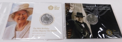 A group of five Royal Mint £20 fine silver coins, comprising A Timeless First, George and the Dragon 2013, Centenary Outbreak of World War One 2014, Longest Reigning Monarch 2015, The 90th Birthday of her Majesty the Queen 2016, a Sir Winston Churchill 20 - 2