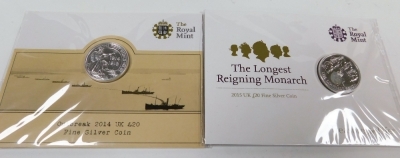 A group of five Royal Mint £20 fine silver coins, comprising A Timeless First, George and the Dragon 2013, Centenary Outbreak of World War One 2014, Longest Reigning Monarch 2015, The 90th Birthday of her Majesty the Queen 2016, a Sir Winston Churchill 20 - 3