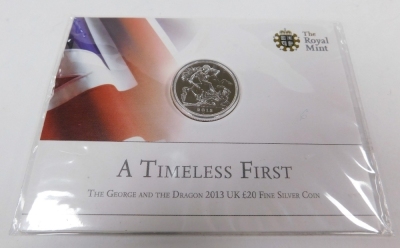 A group of five Royal Mint £20 fine silver coins, comprising A Timeless First, George and the Dragon 2013, Centenary Outbreak of World War One 2014, Longest Reigning Monarch 2015, The 90th Birthday of her Majesty the Queen 2016, a Sir Winston Churchill 20 - 4