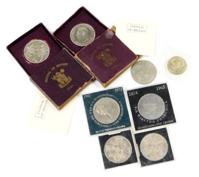 Two Elizabeth II Festival of Britain crowns, other crowns, two pound coin for 1986 and a one dollar for 1971.