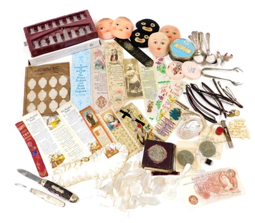 A group of collectables, to include mother of pearl games counters, set of twelve embroidered handkerchief initials for the letter A, commemorative crowns, steel and horn handled Scout knife, further penknife, plated spoons, embroidered book marks, etc. (